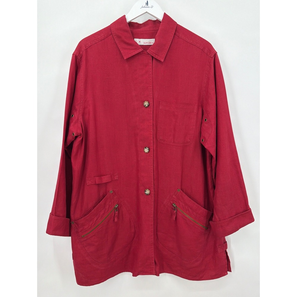LT Sport Red 100% Linen Chore Jacket Utility Shirt Jacket Womens Large L